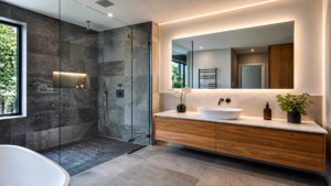 Walk-in tub cost Ottawa showing installed therapeutic tub with glass door grab bars and hydrotherapy jets in marble bathroom
