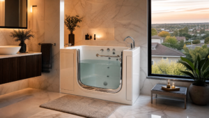 Walk-in tub cost Ottawa alternative showing modern glass shower renovation with stone tile walls and floating vanity
