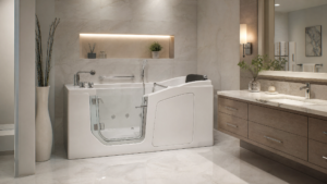 Modern luxury bathroom renovation in Ottawa featuring a white walk-in bathtub with a glass door and marble tile walls.