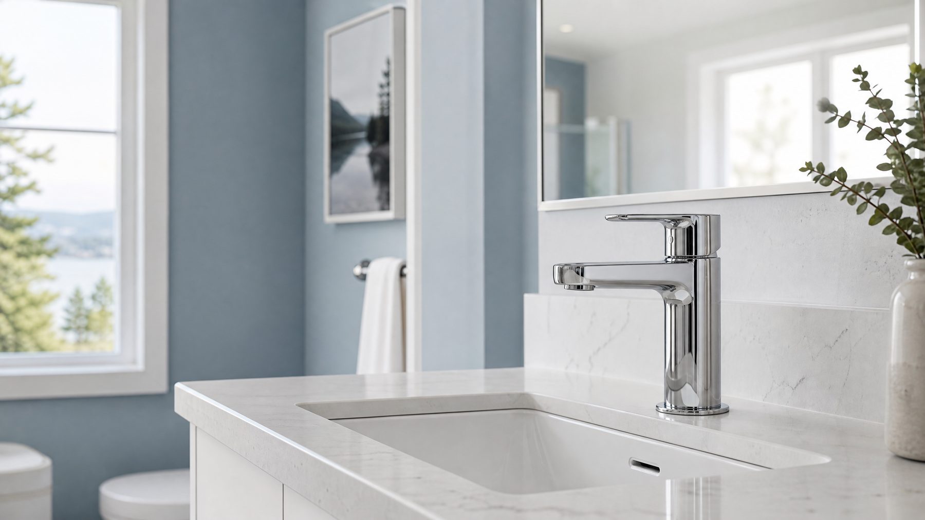 Chrome bathroom faucet installed on a white vanity in an Ottawa home