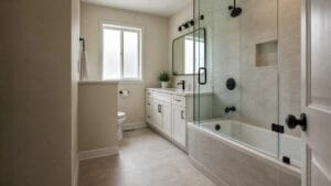Renovated bathroom in a 1990s-built Barrhaven home with semi-frameless glass shower