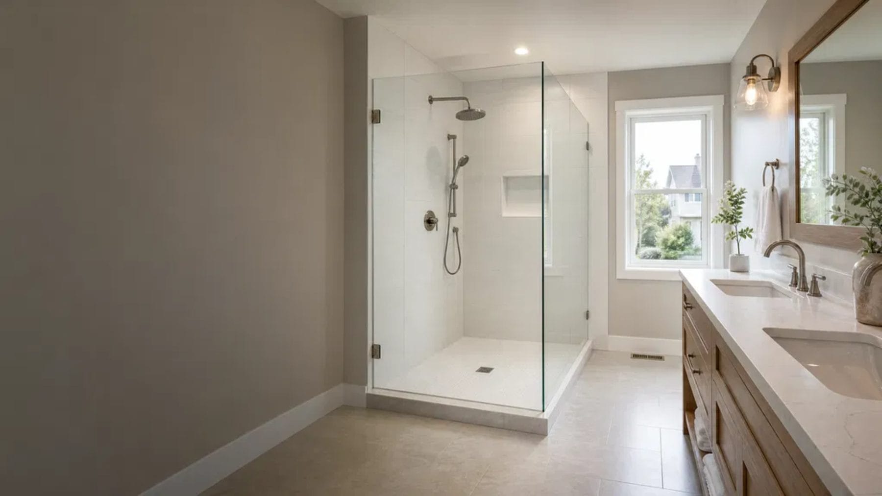 Renovated bathroom in a Kanata home with walk-in glass shower and wood vanity