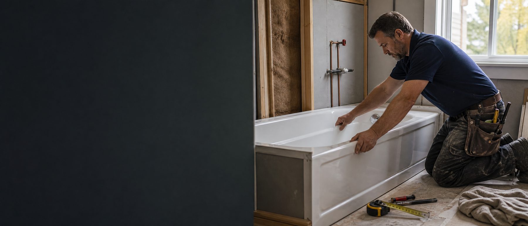 Bathtub installation cost in Ottawa: contractor installing a white bathtub