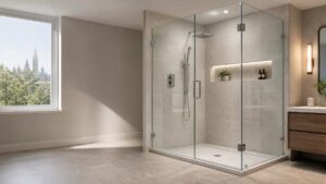 Frameless glass shower enclosure in a bright renovated Ottawa bathroom