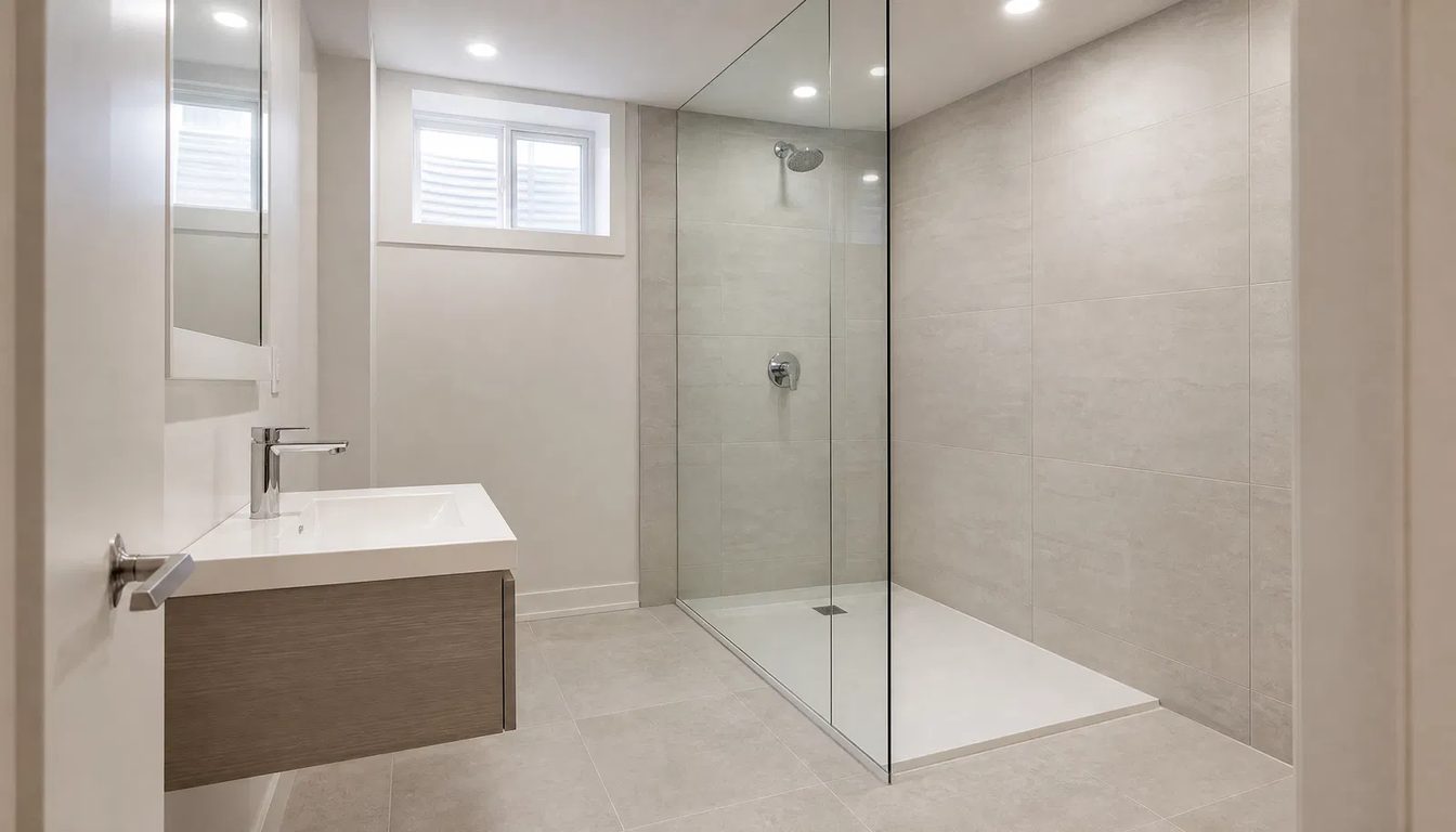 Basement bathroom renovation Ottawa: finished basement bathroom with a curbless glass shower, floating vanity and high window