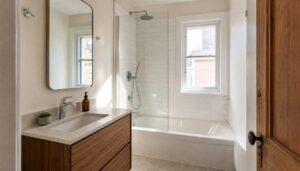 Renovated bathroom in an older Gatineau row house with a white tub-shower, glass panel and wood vanity
