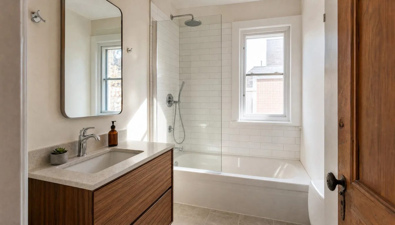 Renovated bathroom in an older Gatineau row house with a white tub-shower, glass panel and wood vanity