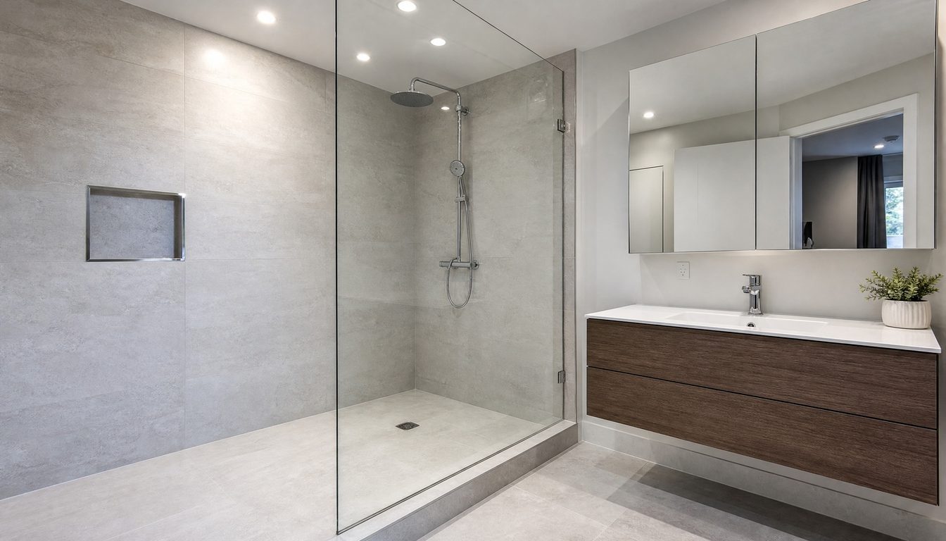 Walk-in shower with a clear glass panel and grey tile beside a wood vanity in a renovated Orleans bathroom