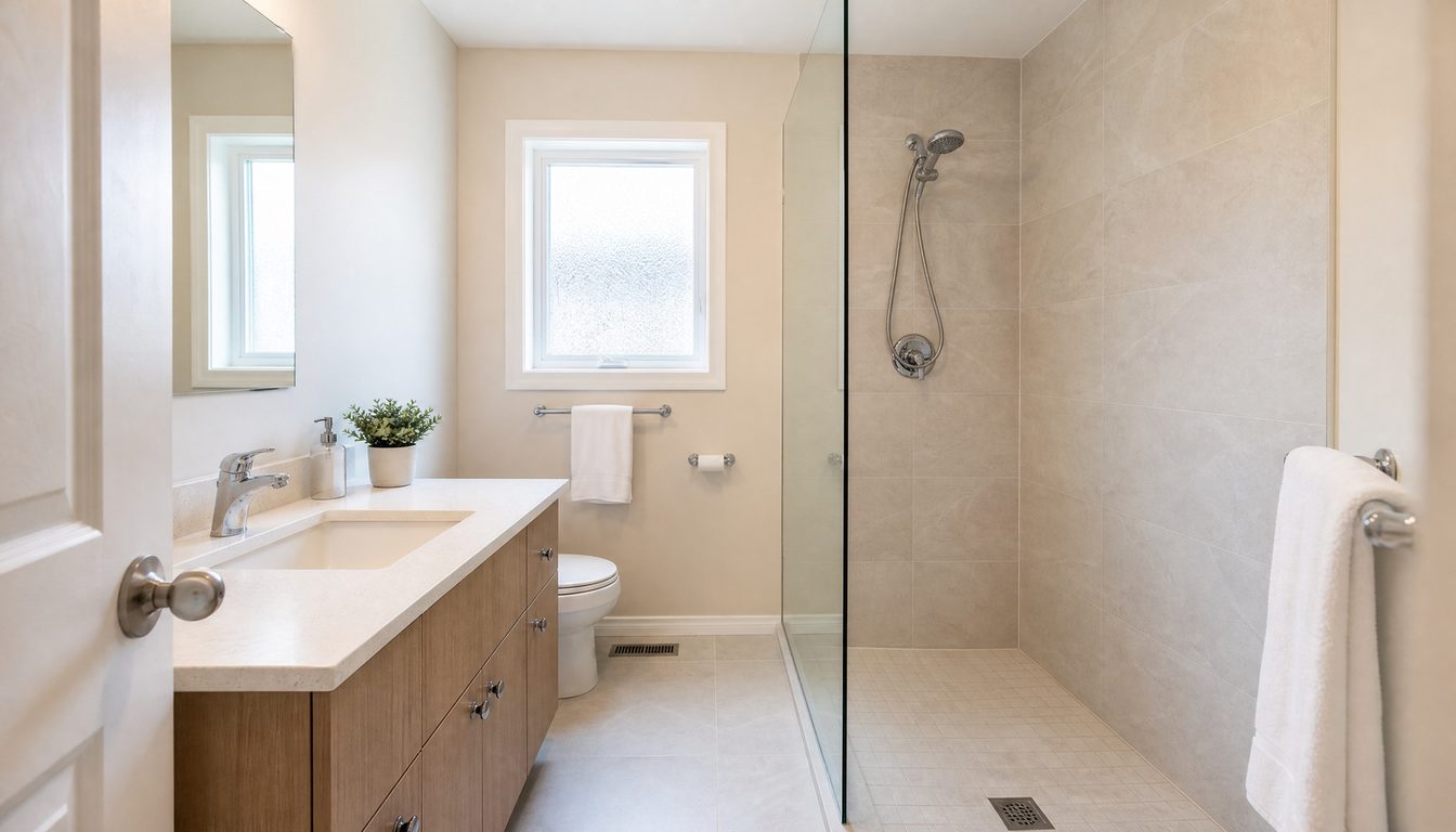 Renovated Stittsville bathroom with a low-threshold walk-in shower, glass panel and quartz-top vanity