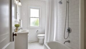 Narrow renovated bathroom in an older Westboro home with white subway tile, a hex-tile floor and a tub-shower behind a curtain