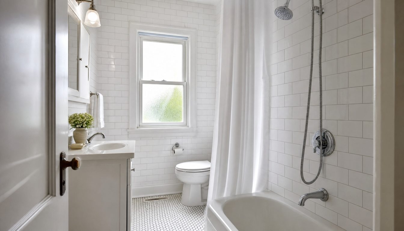 Bathroom renovation Westboro example: a narrow renovated bathroom in an older home with white subway tile, a hex-tile floor and a tub-shower behind a curtain