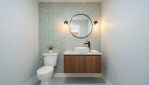 Renovated powder room with a floating wood vanity, vessel sink, round black mirror and patterned wallpaper beside a white toilet