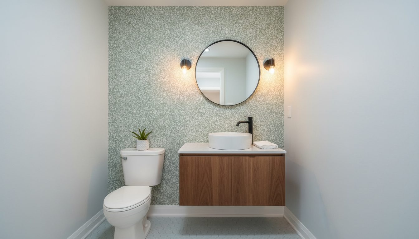 Renovated powder room with a floating wood vanity, vessel sink, round black mirror and patterned wallpaper beside a white toilet