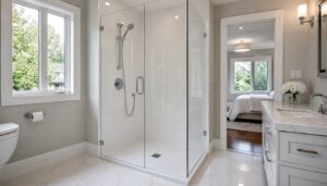 Corner walk-in shower with frameless glass panels and a low threshold beside a white vanity in a bright Ottawa bathroom